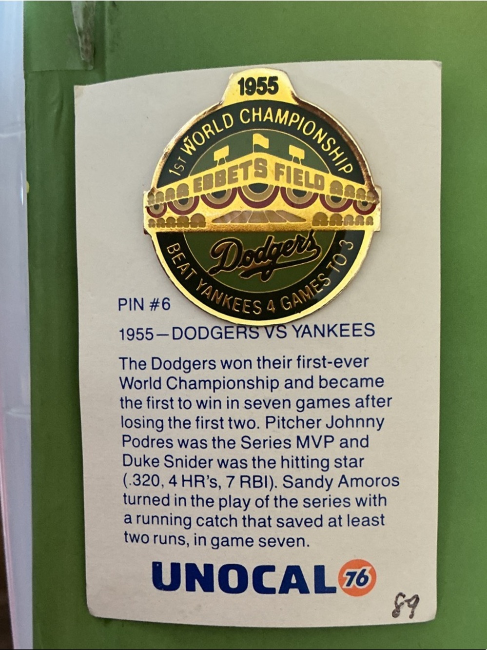 Dodgers 1955 Championship Commemorative Pin Gold  &Green NEW ORIGINAL PACKAGING